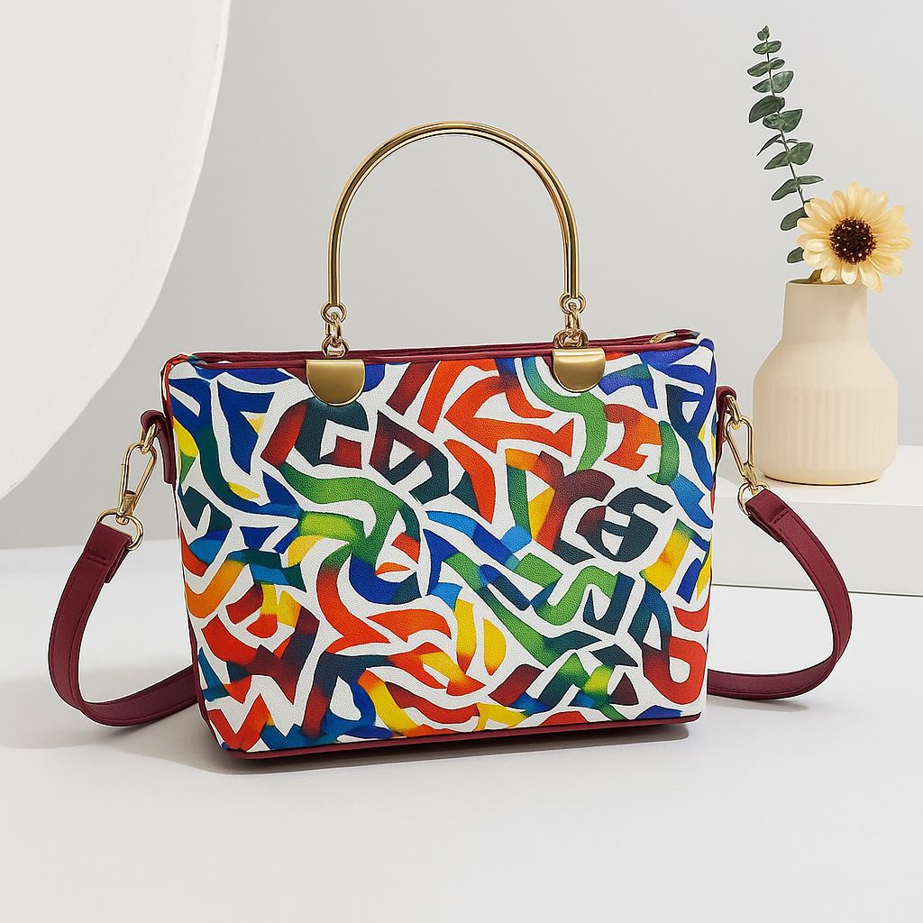 Printed Metal Handle Handbag & Crossbody Bag