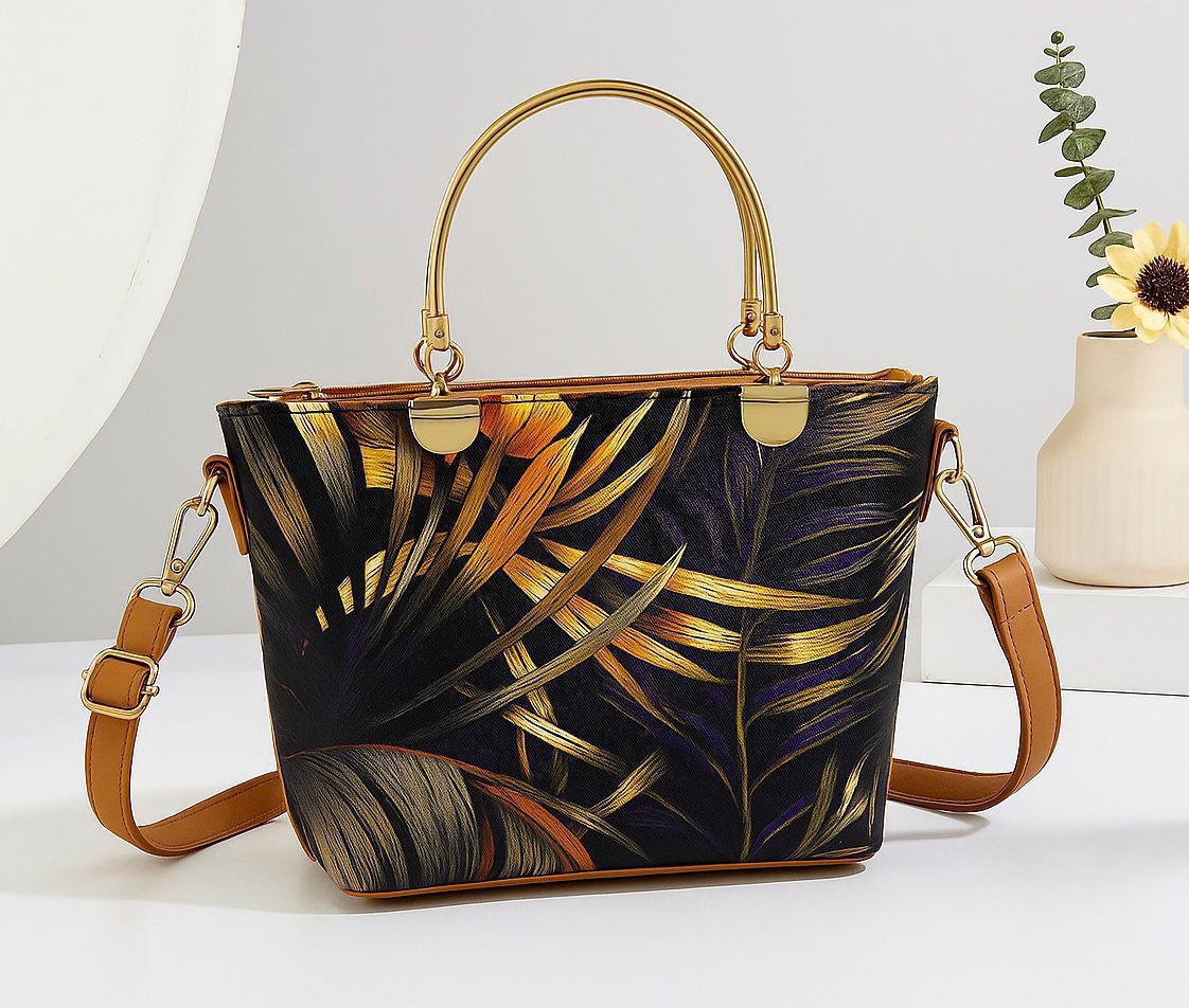 Printed Metal Handle Handbag & Crossbody Bag