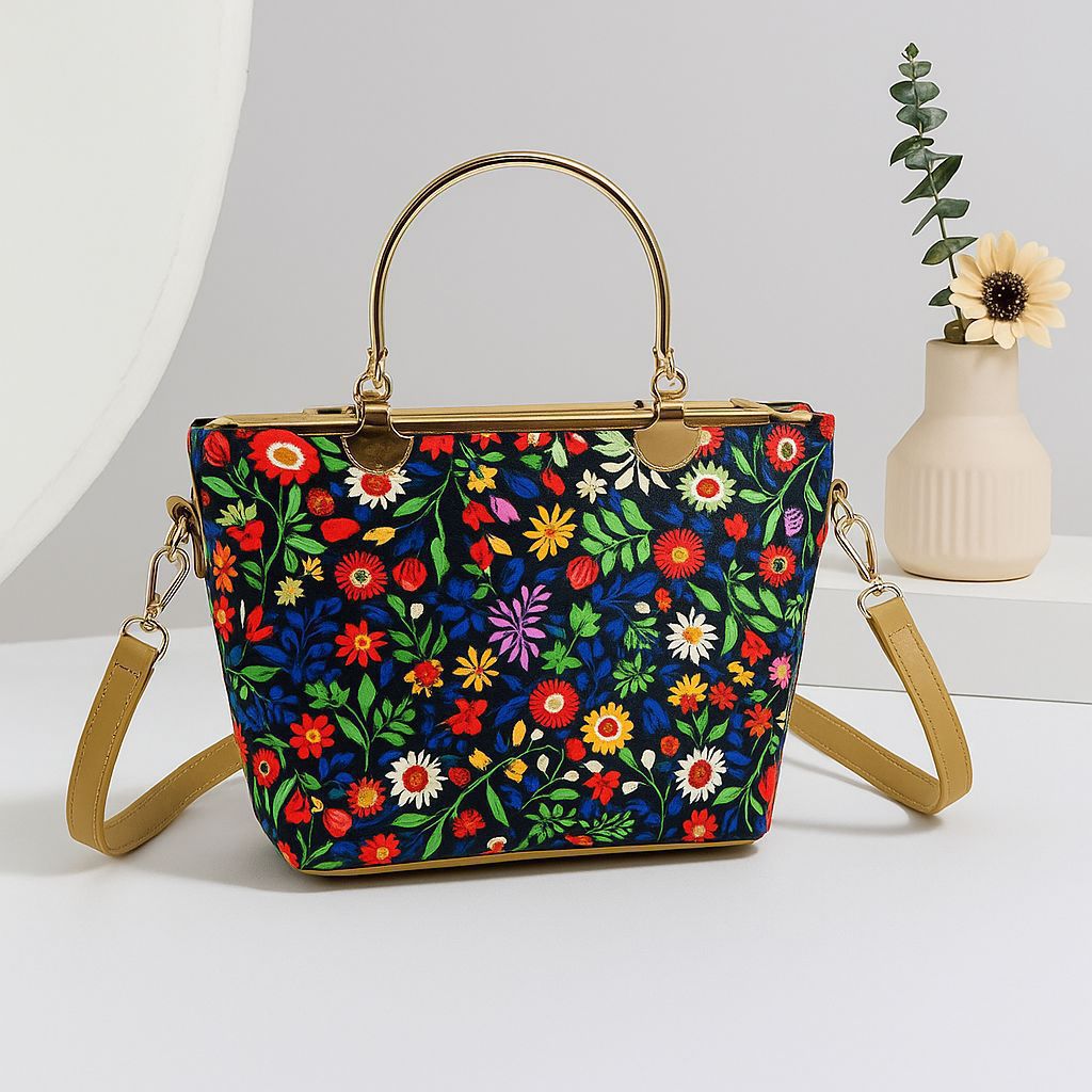 Printed Metal Handle Handbag & Crossbody Bag