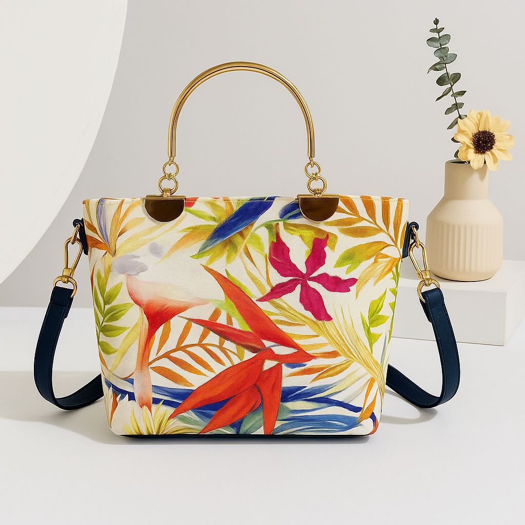 Printed Metal Handle Handbag & Crossbody Bag