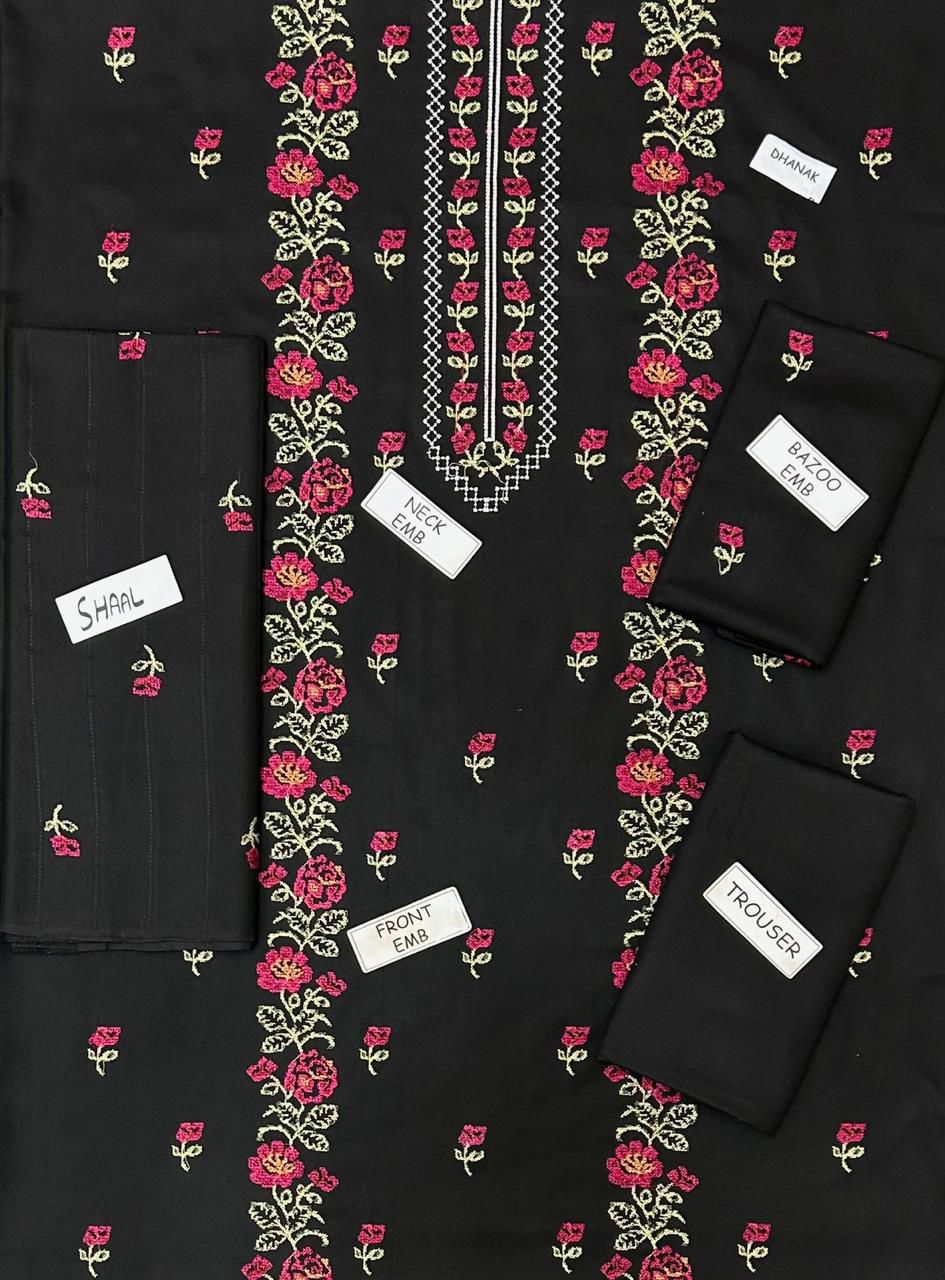 Premium 3-Piece Embroidered Dhank Suit with Velvet Shawl – Luxury Winter Collection for Women | Elegant Winter Outfit with Velvet Shawl and Fine Embroidery