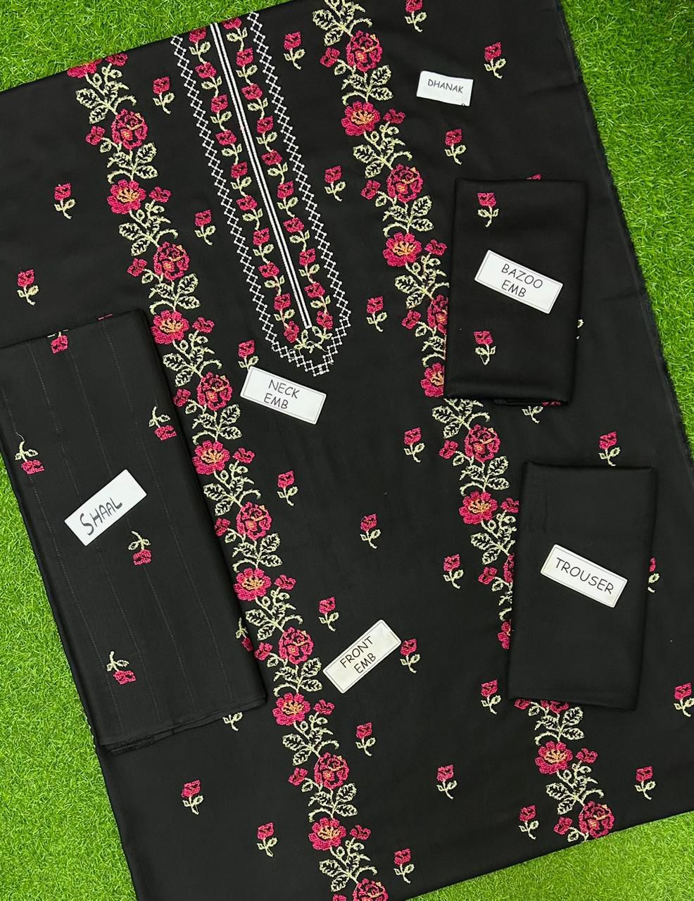 Premium 3-Piece Embroidered Dhank Suit with Velvet Shawl – Luxury Winter Edition