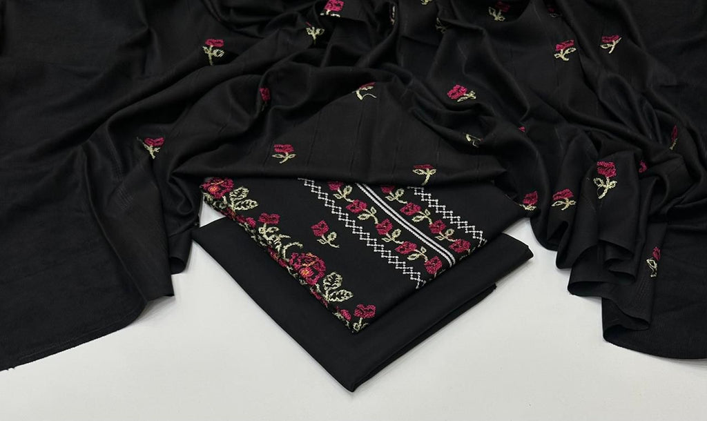 Premium 3-Piece Embroidered Dhank Suit with Velvet Shawl – Luxury Winter Edition