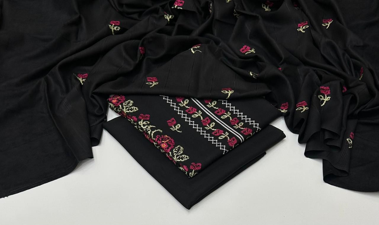 Premium 3-Piece Embroidered Dhank Suit with Velvet Shawl – Luxury Winter Edition