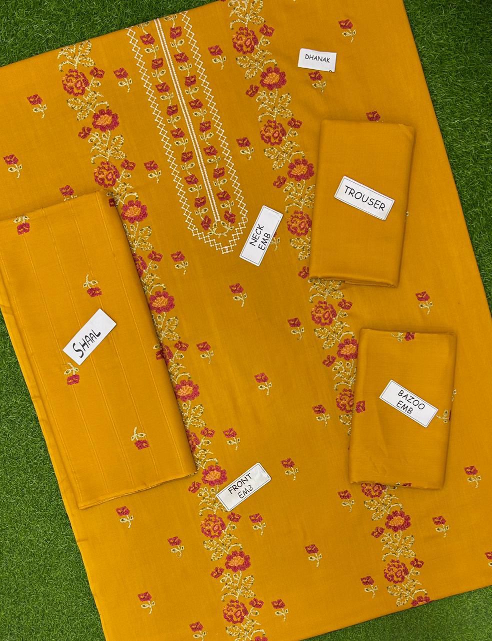 Premium 3-Piece Embroidered Dhank Suit with Velvet Shawl – Luxury Winter Edition