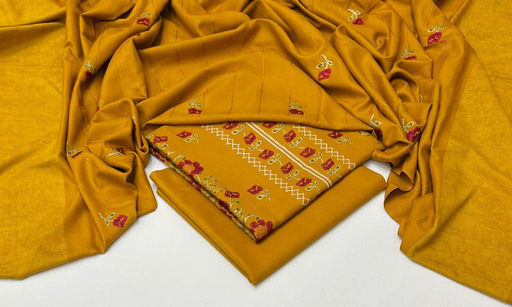 Premium 3-Piece Embroidered Dhank Suit with Velvet Shawl – Luxury Winter Edition