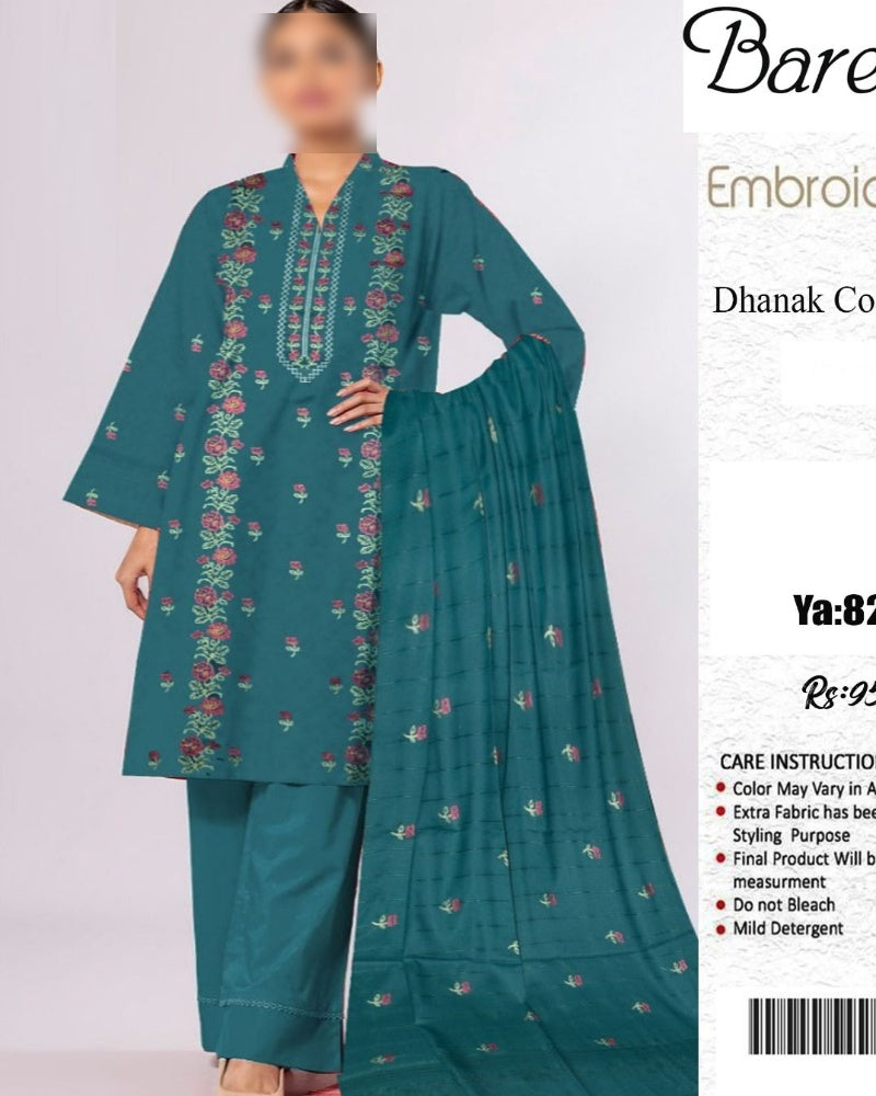 Premium 3-Piece Embroidered Dhank Suit with Velvet Shawl – Luxury Winter Collection for Women | Elegant Winter Outfit with Velvet Shawl and Fine Embroidery