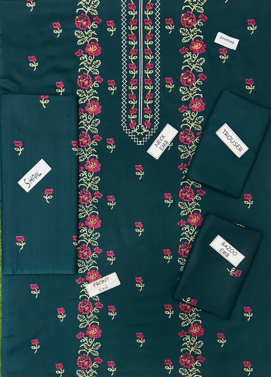 Premium 3-Piece Embroidered Dhank Suit with Velvet Shawl – Luxury Winter Collection for Women | Elegant Winter Outfit with Velvet Shawl and Fine Embroidery