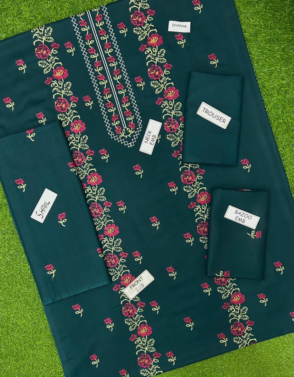 Premium 3-Piece Embroidered Dhank Suit with Velvet Shawl – Luxury Winter Edition