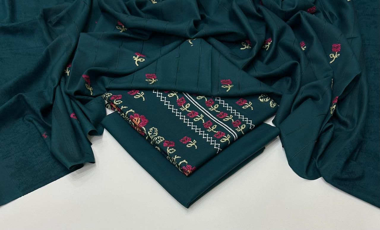 Premium 3-Piece Embroidered Dhank Suit with Velvet Shawl – Luxury Winter Edition