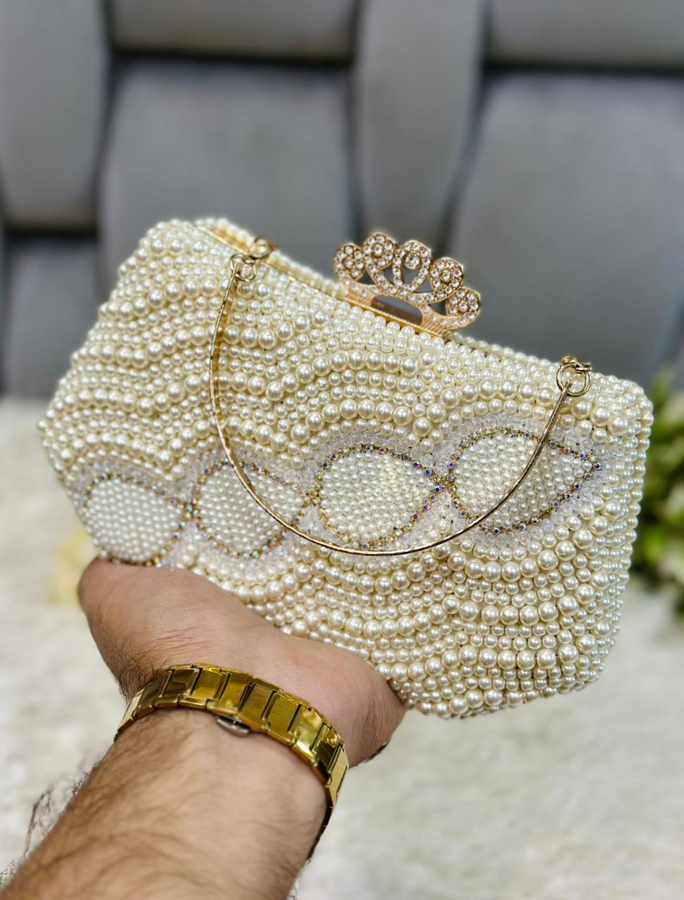 Elegant Pearl Embellished Fancy Hand Clutch