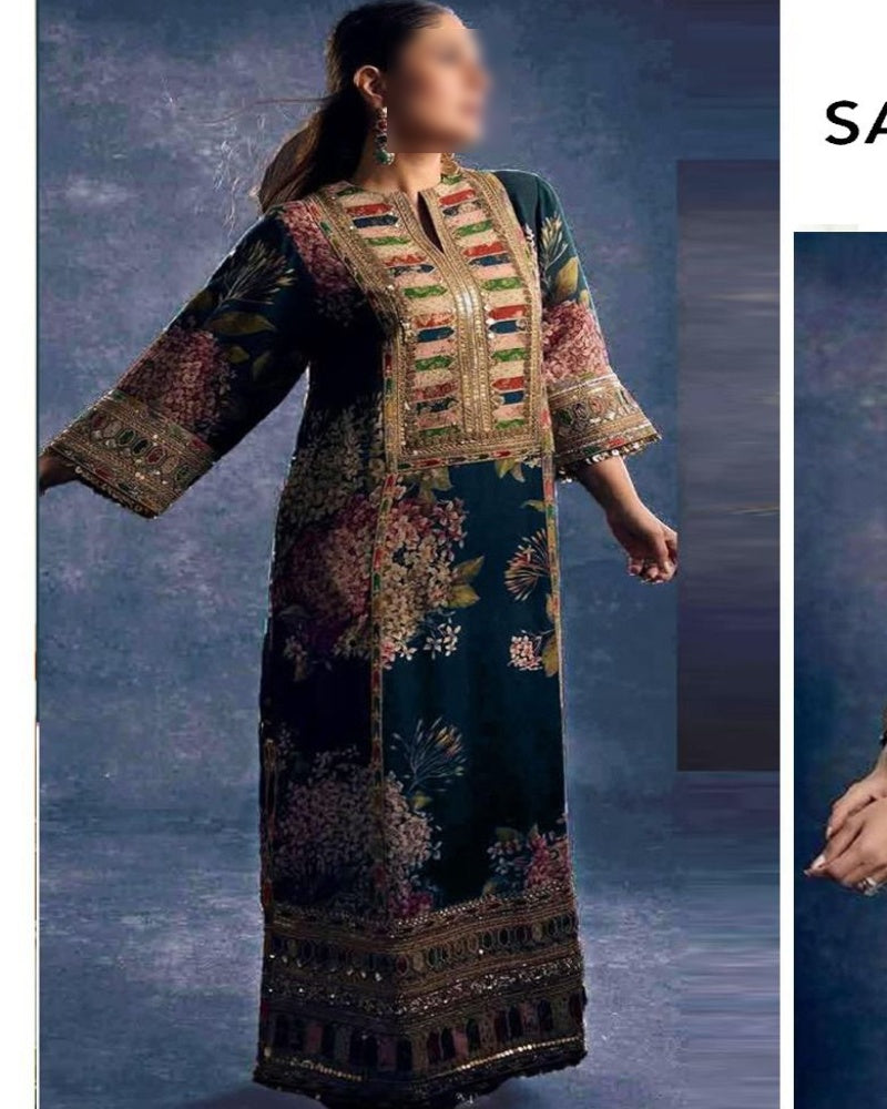 Luxury pure silk 3-piece unstitched suit with heavy embroidery and 4-side lace dupatta – digital printed women’s outfit Pakistan 2025