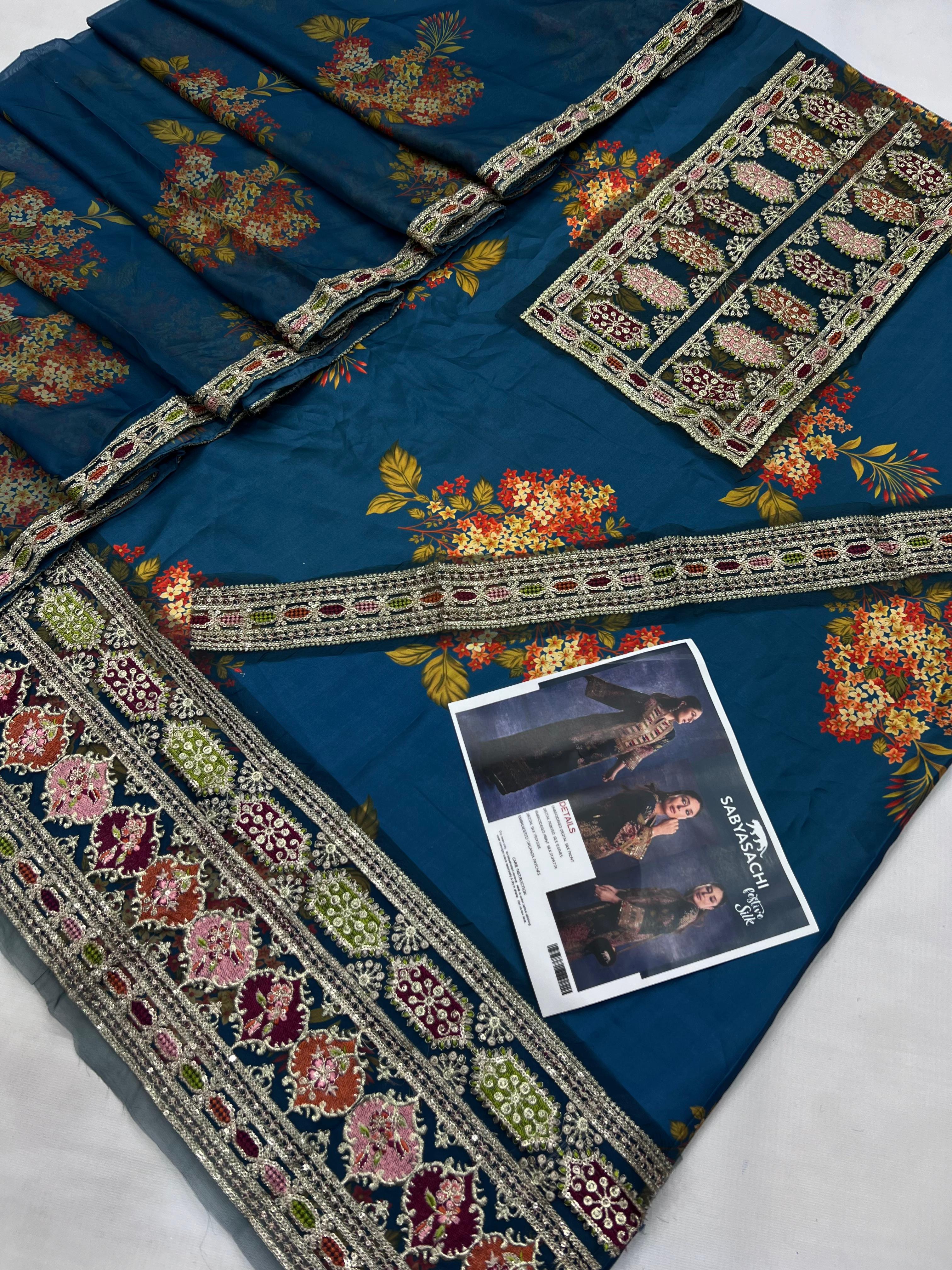 Luxury pure silk 3-piece unstitched suit with heavy embroidery and 4-side lace dupatta – digital printed women’s outfit Pakistan 2025