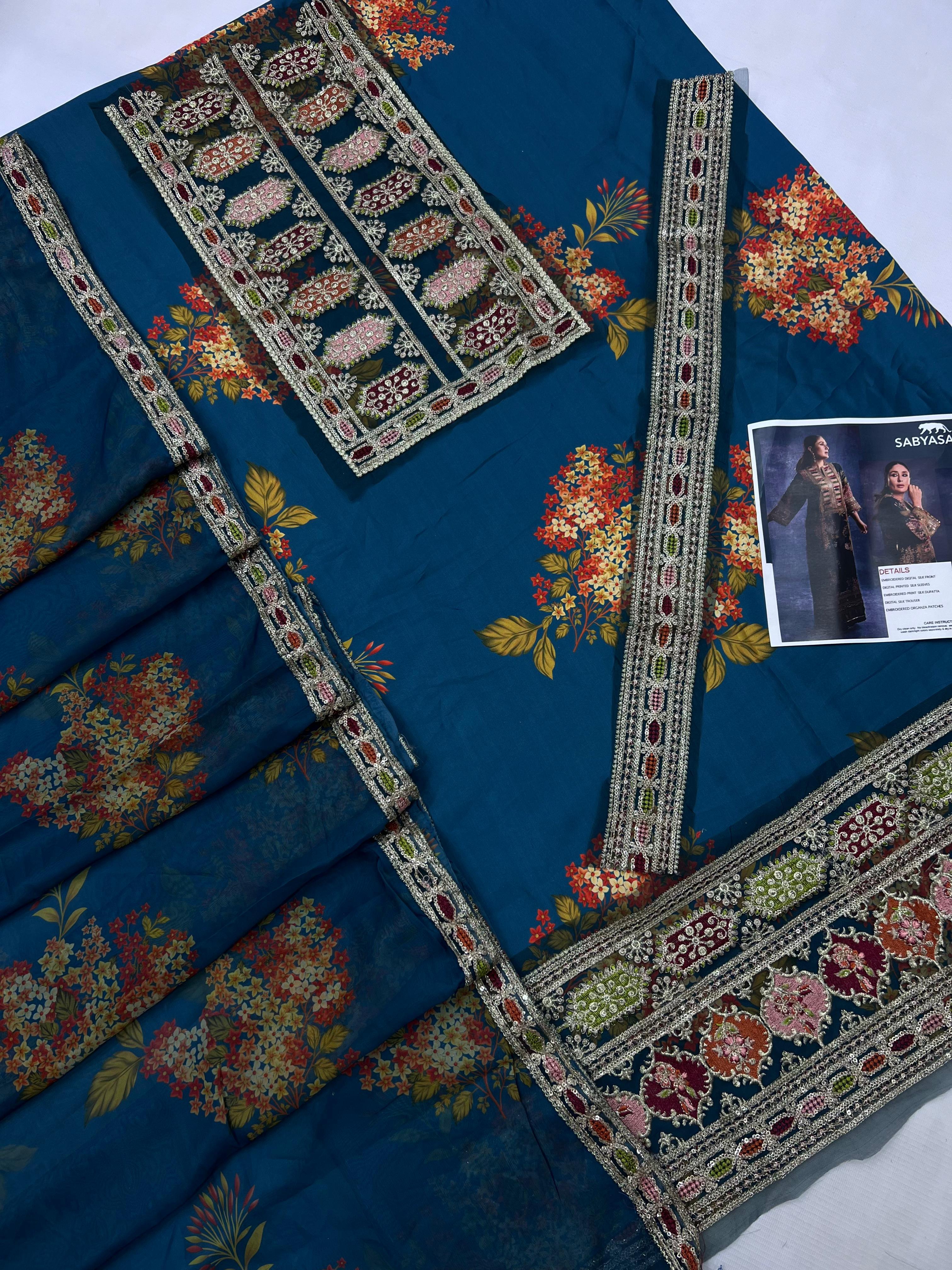 Premium Pure Silk 3Pc Unstitched Suit with Heavy Embroidery & 4-Side Lace Dupatta