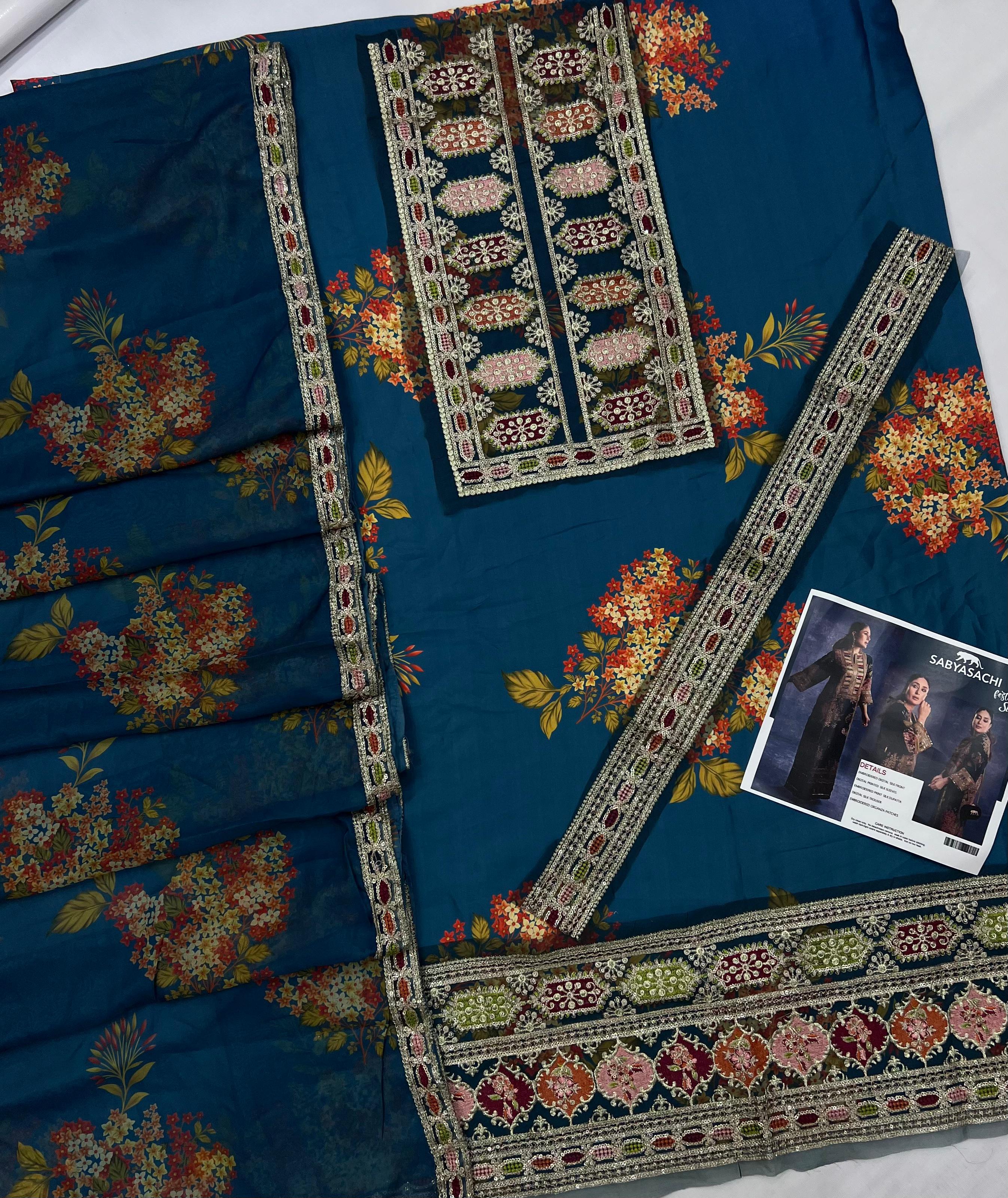 Premium Pure Silk 3Pc Unstitched Suit with Heavy Embroidery & 4-Side Lace Dupatta