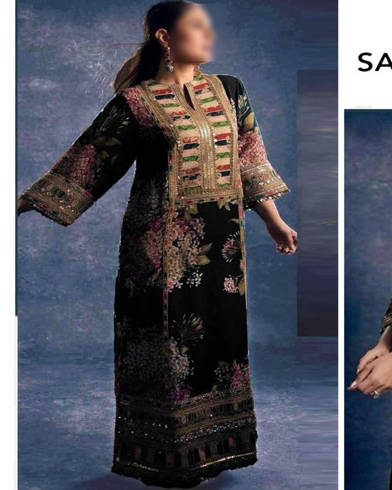 Luxury pure silk 3-piece unstitched suit with heavy embroidery and 4-side lace dupatta – digital printed women’s outfit Pakistan 2025