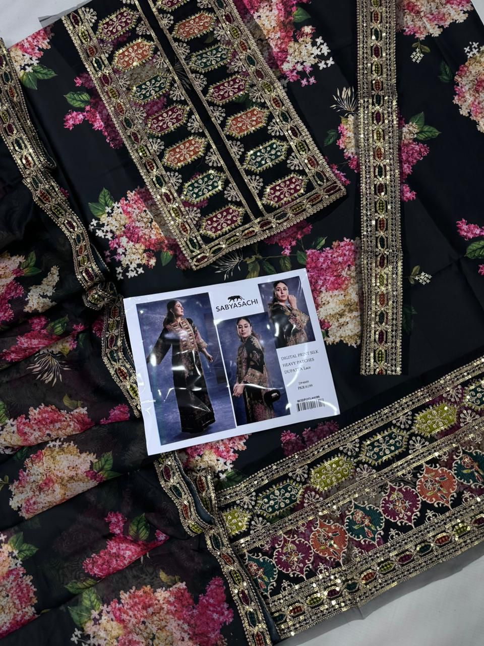 Premium Pure Silk 3Pc Unstitched Suit with Heavy Embroidery & 4-Side Lace Dupatta