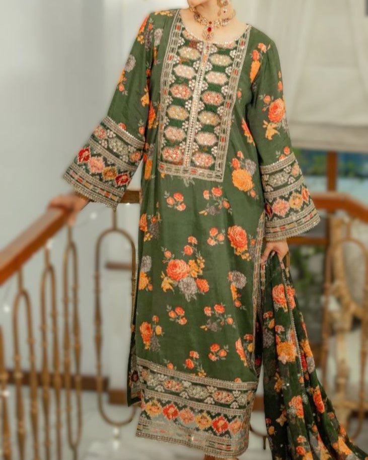 Pure silk 3-piece unstitched suit with heavy embroidery and 4-side lace dupatta – luxury women’s wear Pakistan 2025