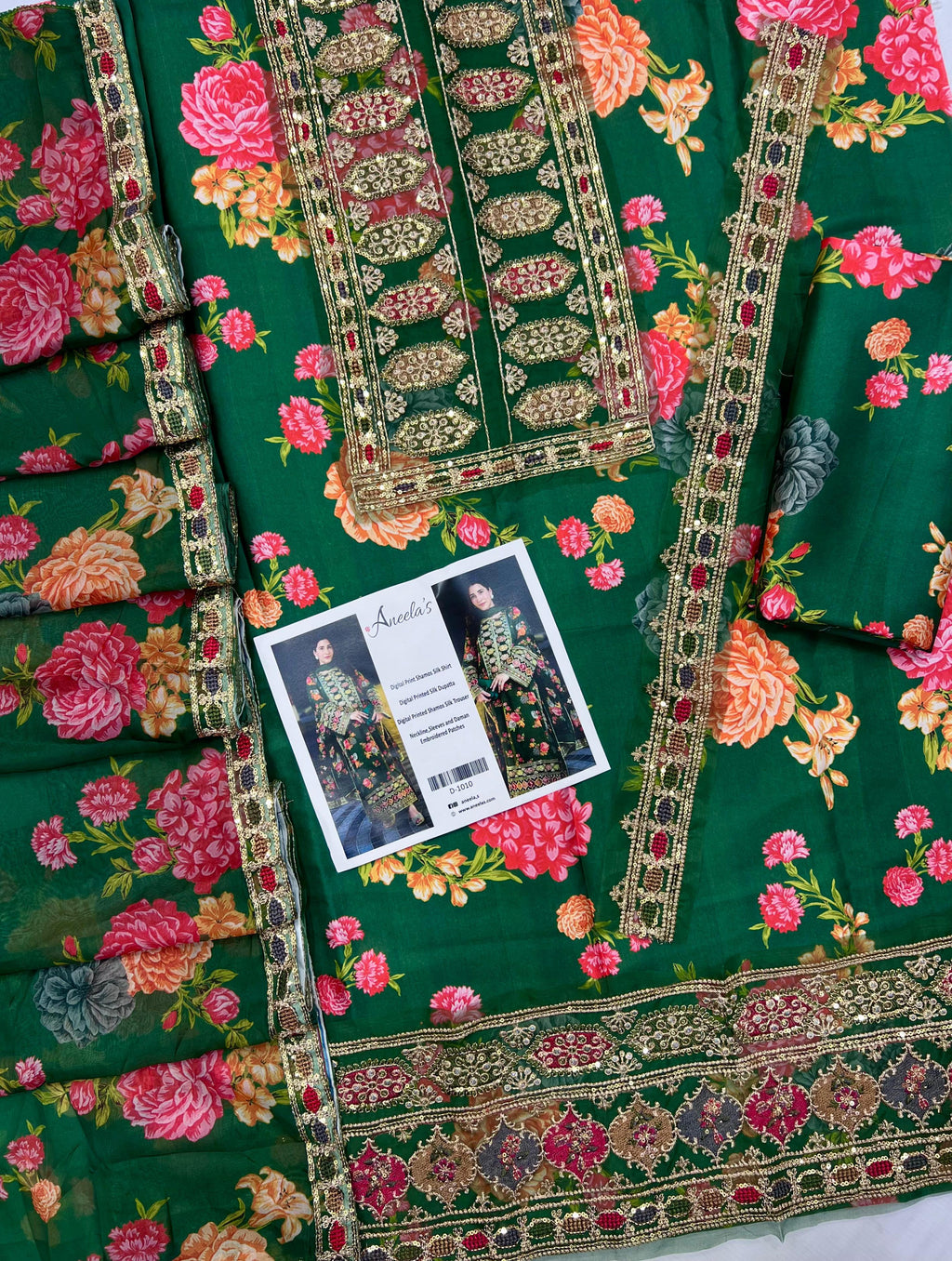 Pure silk 3-piece unstitched suit with heavy embroidery and 4-side lace dupatta – luxury women’s wear Pakistan 2025