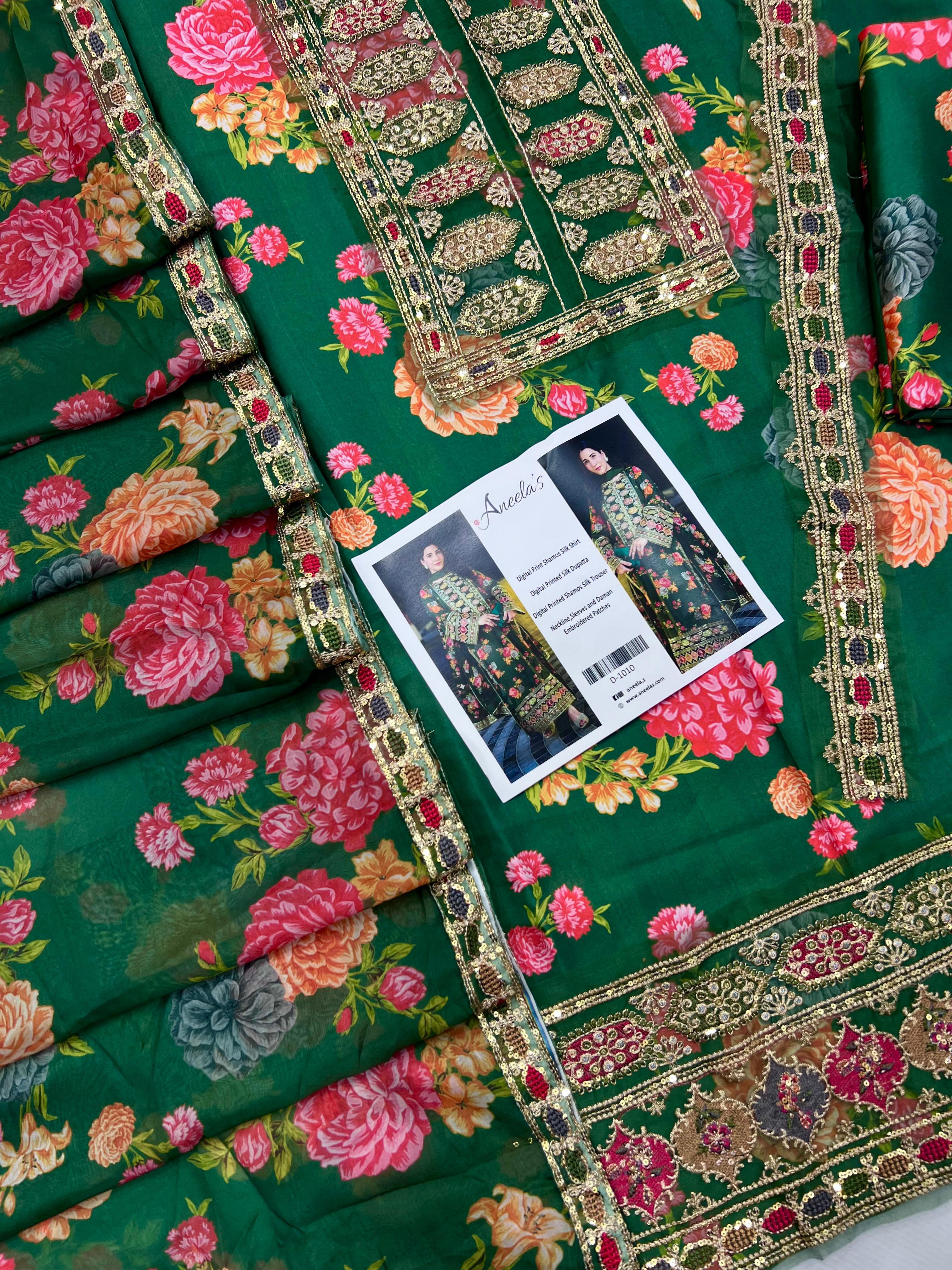 Elegant Pure Silk 3Pc Unstitched Suit with Heavy Embroidery & 4-Side Lace Dupatta