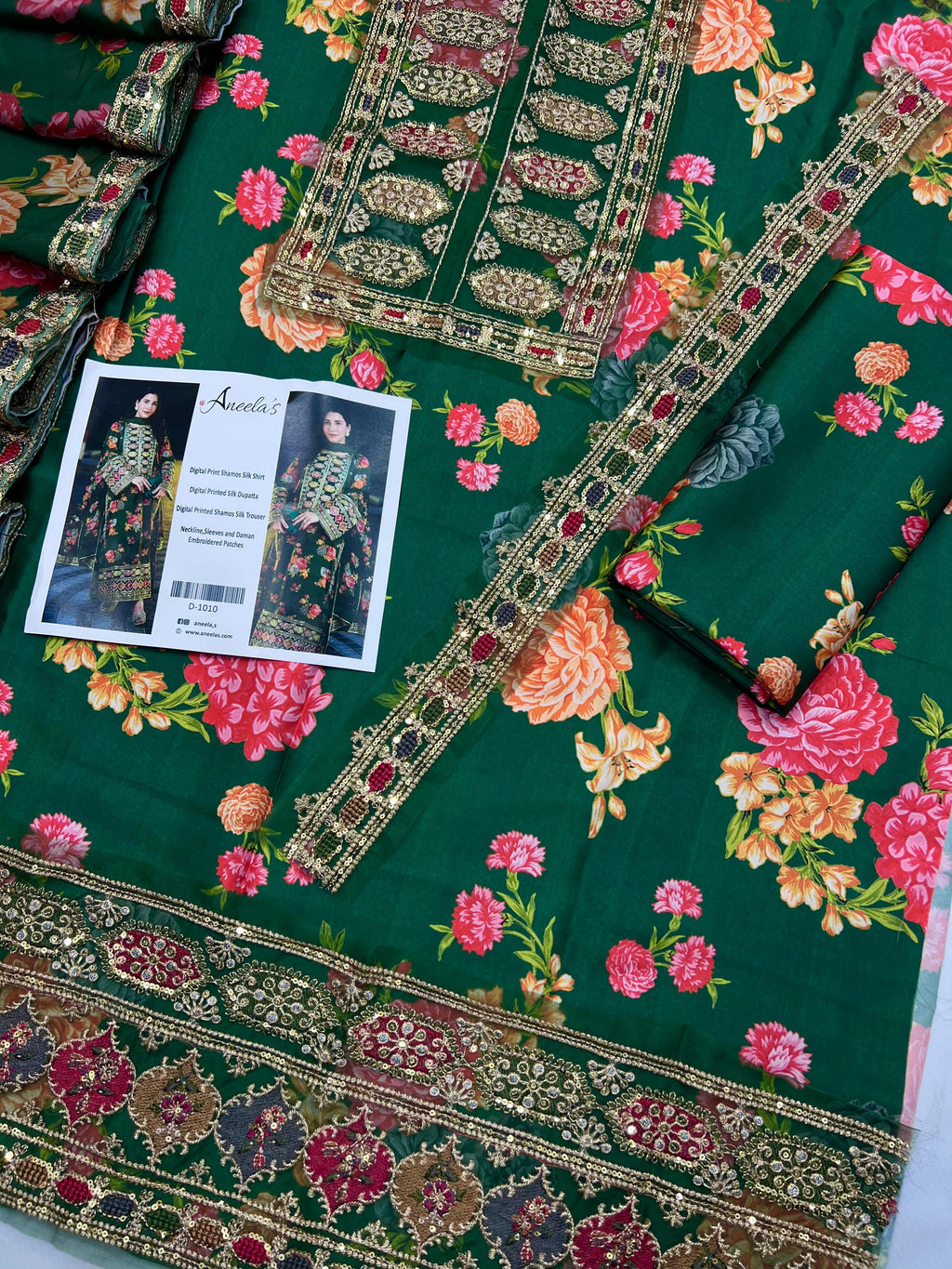 Elegant Pure Silk 3Pc Unstitched Suit with Heavy Embroidery & 4-Side Lace Dupatta