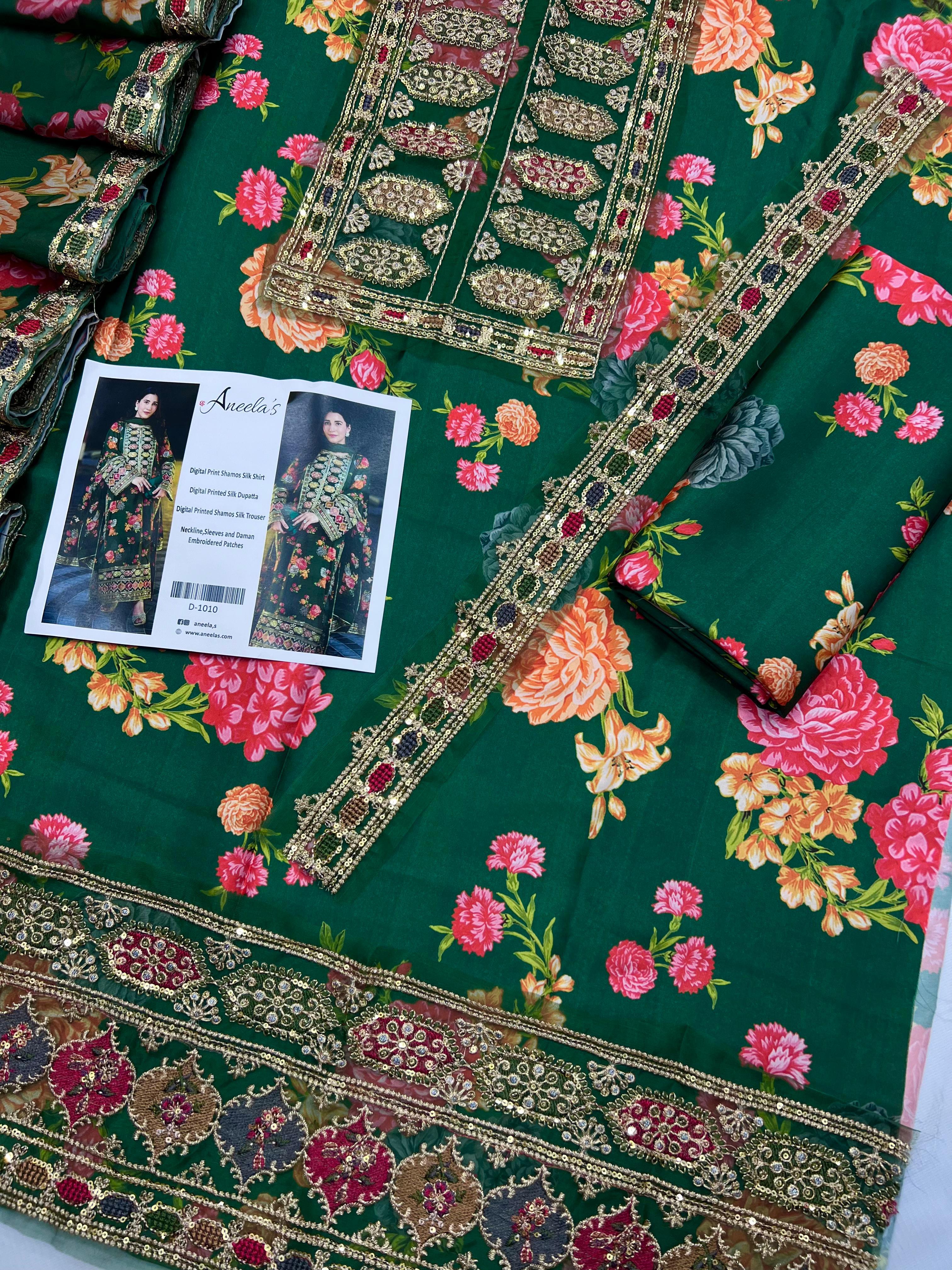 Elegant Pure Silk 3Pc Unstitched Suit with Heavy Embroidery & 4-Side Lace Dupatta