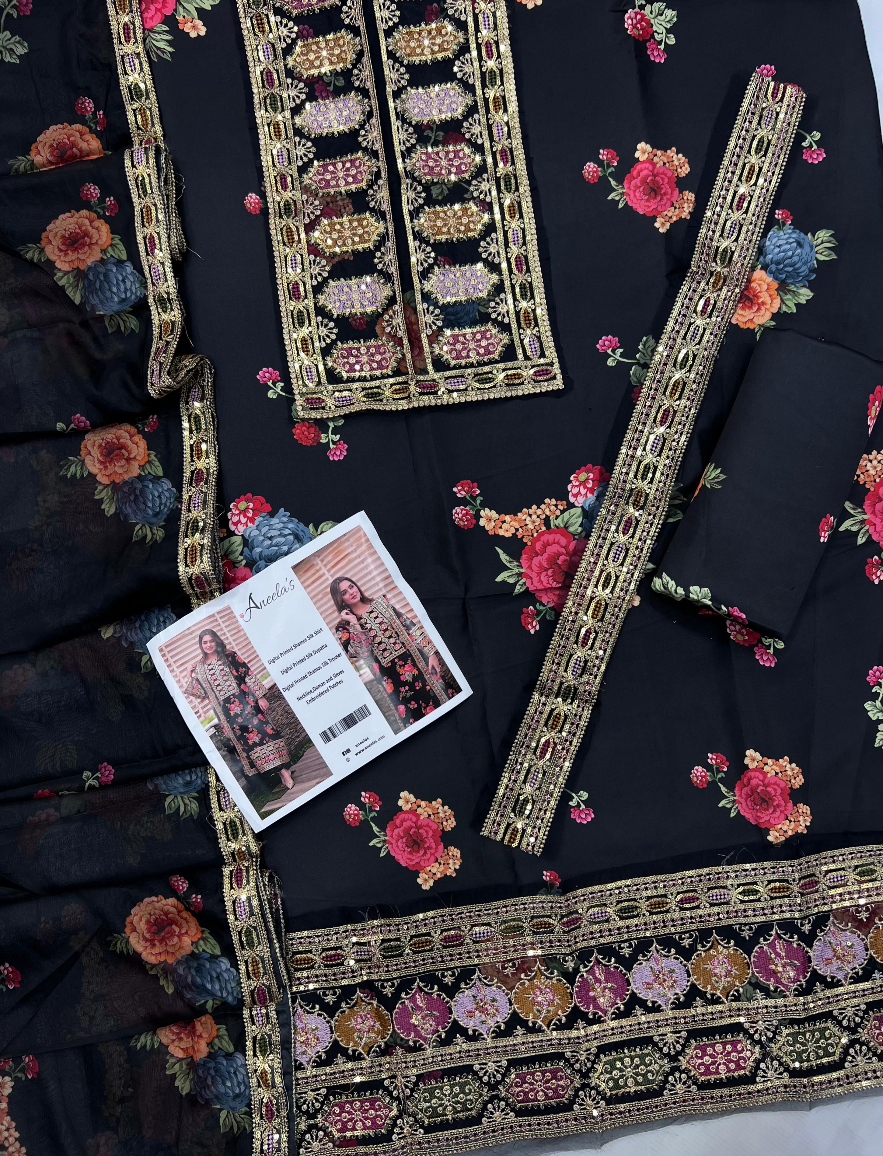 Pure silk 3-piece unstitched suit with heavy embroidery and 4-side lace dupatta – luxury women’s wear Pakistan 2025