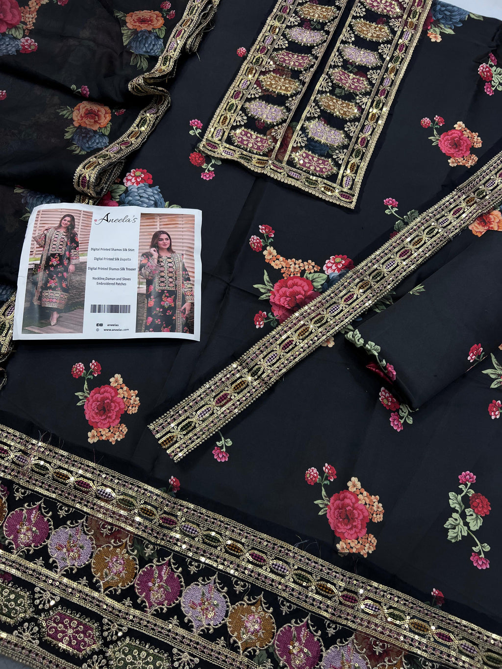 Elegant Pure Silk 3Pc Unstitched Suit with Heavy Embroidery & 4-Side Lace Dupatta