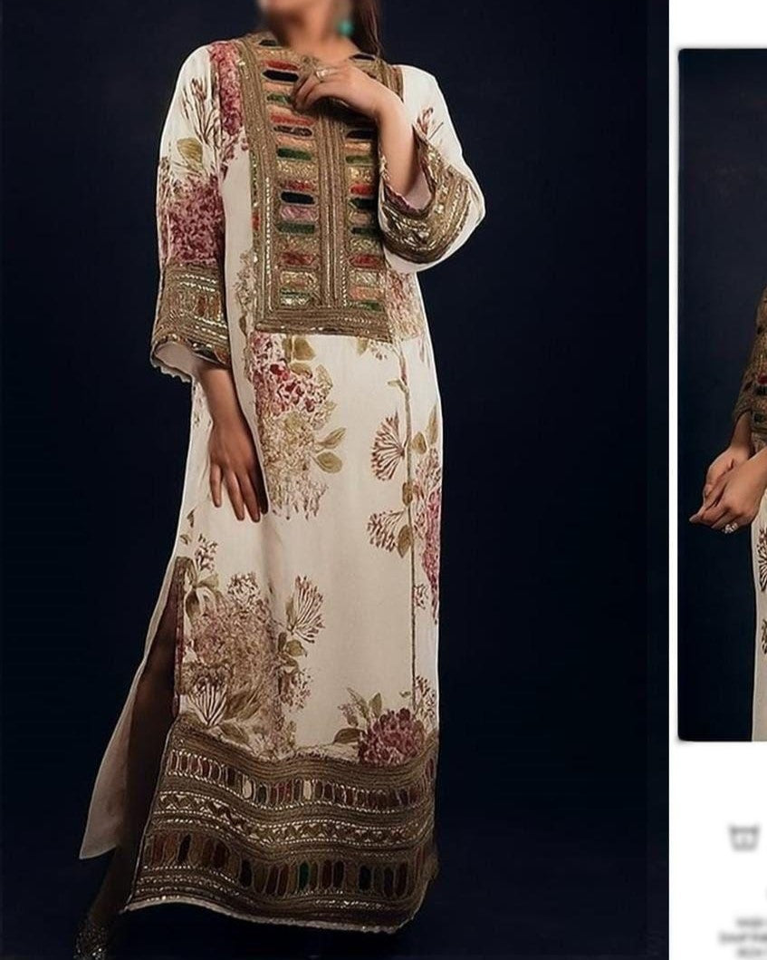 Elegant 3-piece unstitched Shamoze silk suit with heavy embroidery and digital printed dupatta – luxury festive wear for women Pakistan 2025