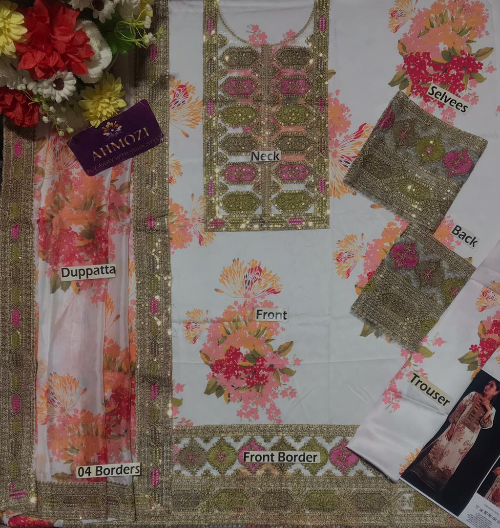 Elegant 3-piece unstitched Shamoze silk suit with heavy embroidery and digital printed dupatta – luxury festive wear for women Pakistan 2025