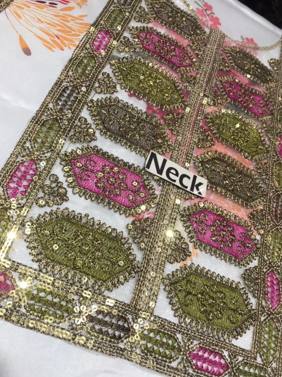 Elegant 3-piece unstitched Shamoze silk suit with heavy embroidery and digital printed dupatta – luxury festive wear for women Pakistan 2025