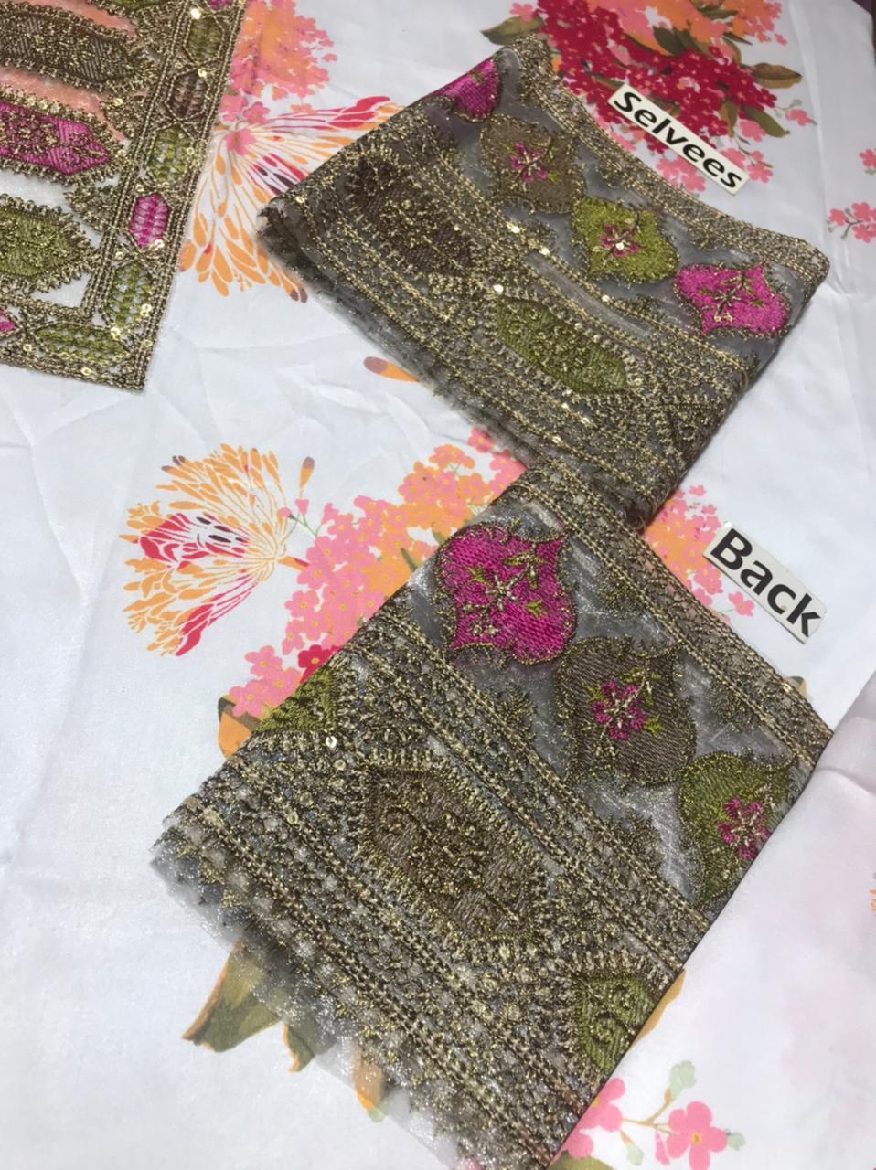 Luxury Embroidered Shamoze Silk 3Pc Unstitched Suit with Digital Prints & Cutwork Dupatta