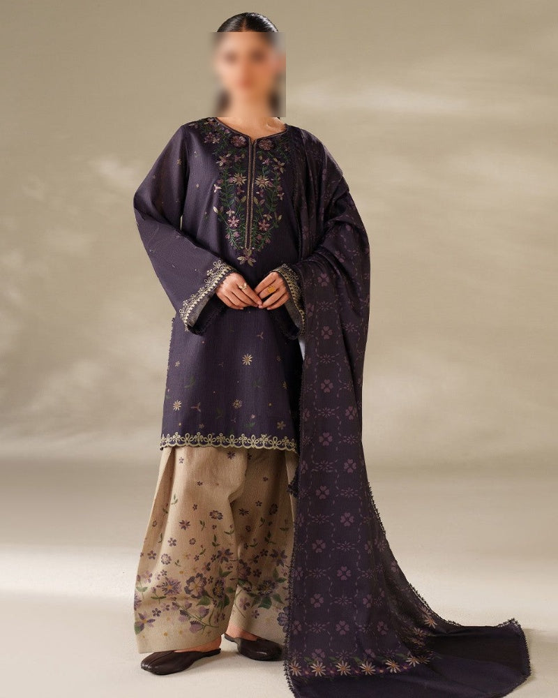 Luxury Dhank Embroidered 3Pc Unstitched Suit with Digital Print Shawl