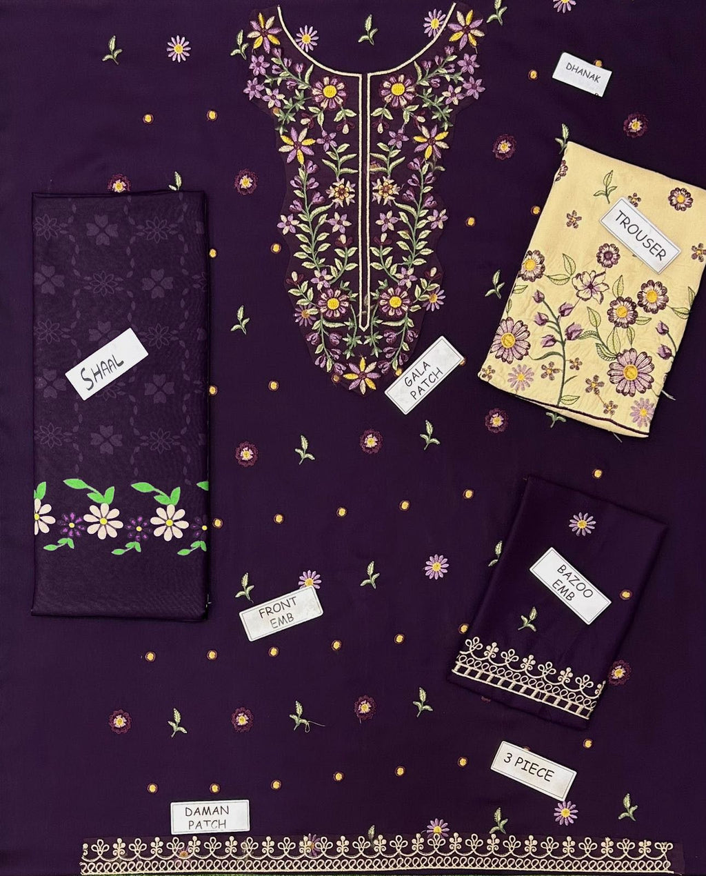 Luxury Dhank Embroidered 3Pc Unstitched Suit with Digital Print Shawl