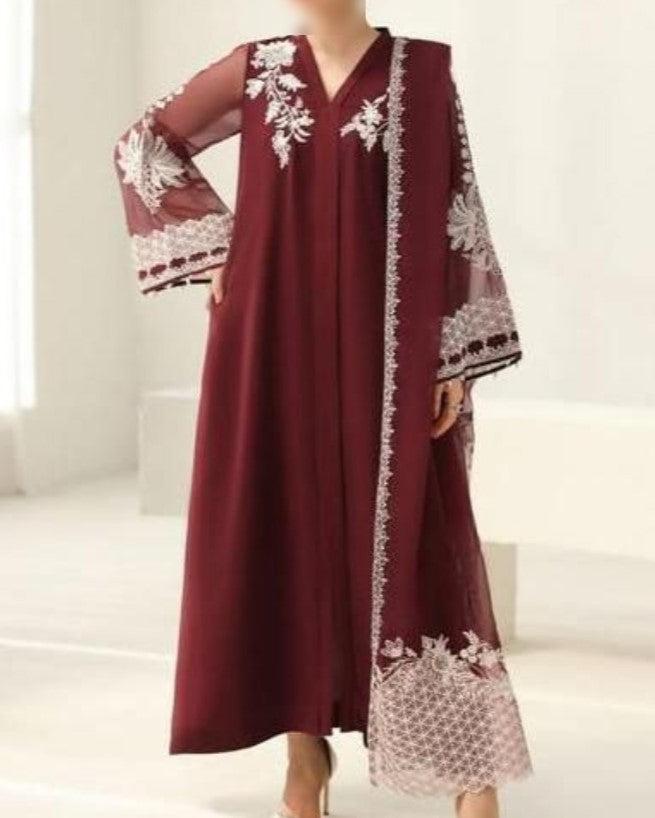 Women's luxury embroidered chiffon 3-piece festive suit with heavy dupatta, embroidered neck, and malai trouser – Festive Collection 2025/26