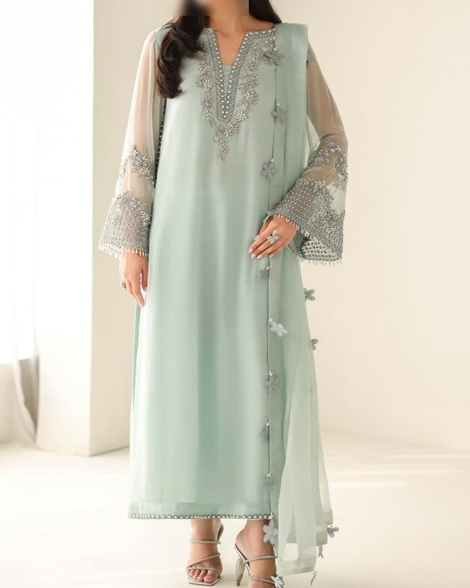 Women's luxury hand-embellished chiffon 3-piece festive suit with adda work, embroidered dupatta, and malai trouser – Premium Collection 2025