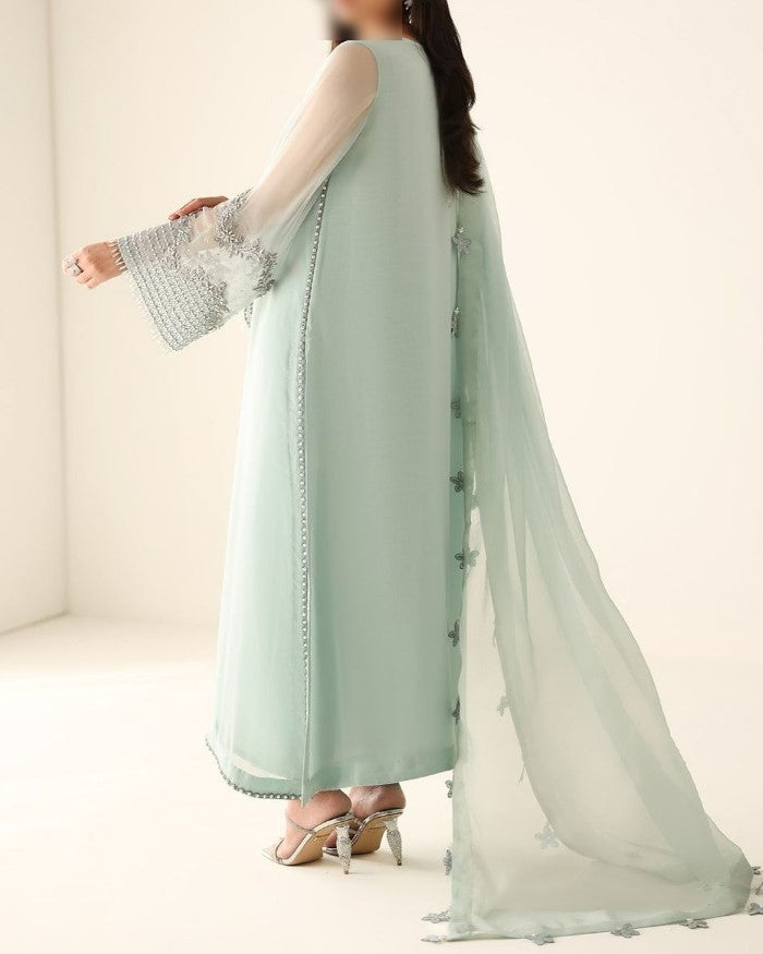 Women's luxury hand-embellished chiffon 3-piece festive suit with adda work, embroidered dupatta, and malai trouser – Premium Collection 2025