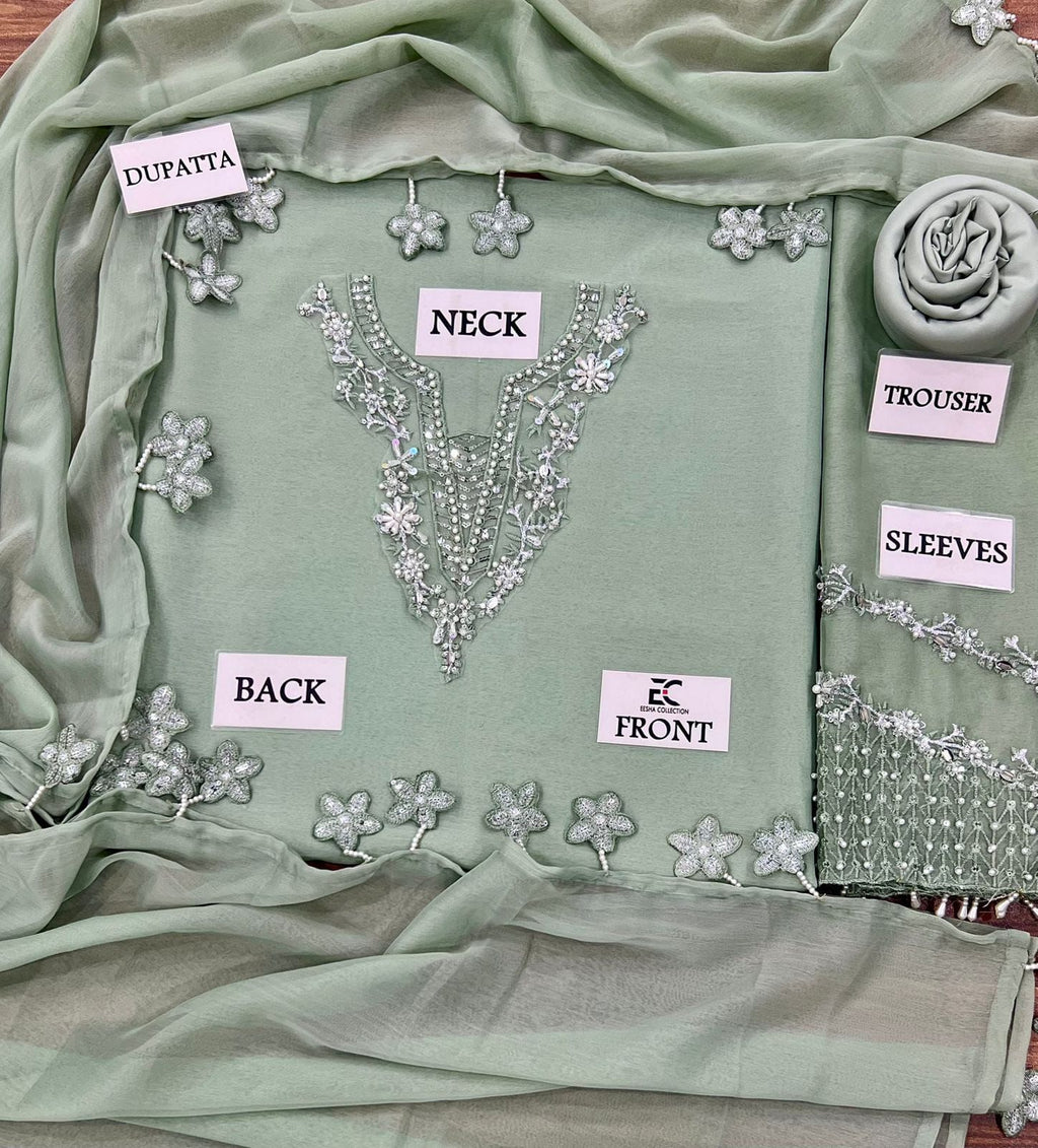 Women's luxury hand-embellished chiffon 3-piece festive suit with adda work, embroidered dupatta, and malai trouser – Premium Collection 2025