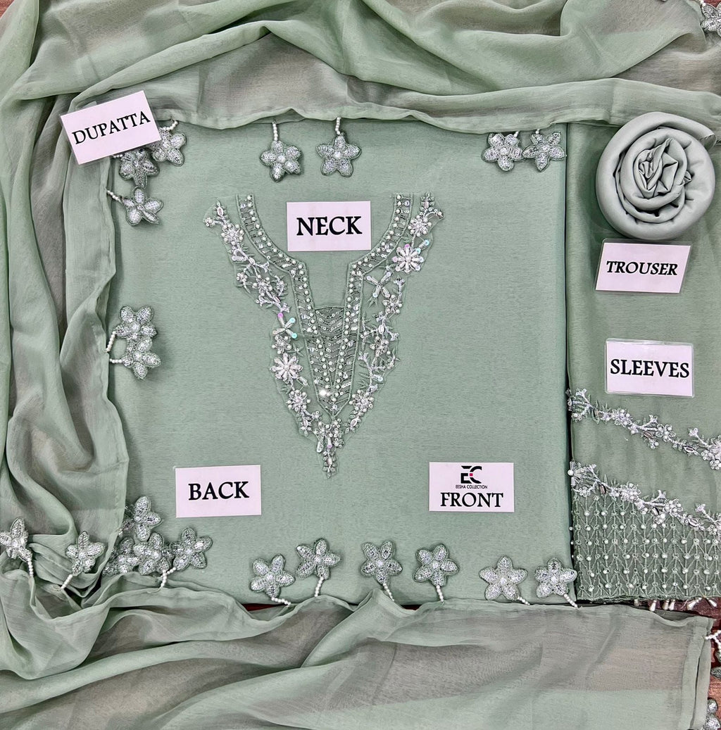 Women's luxury hand-embellished chiffon 3-piece festive suit with adda work, embroidered dupatta, and malai trouser – Premium Collection 2025