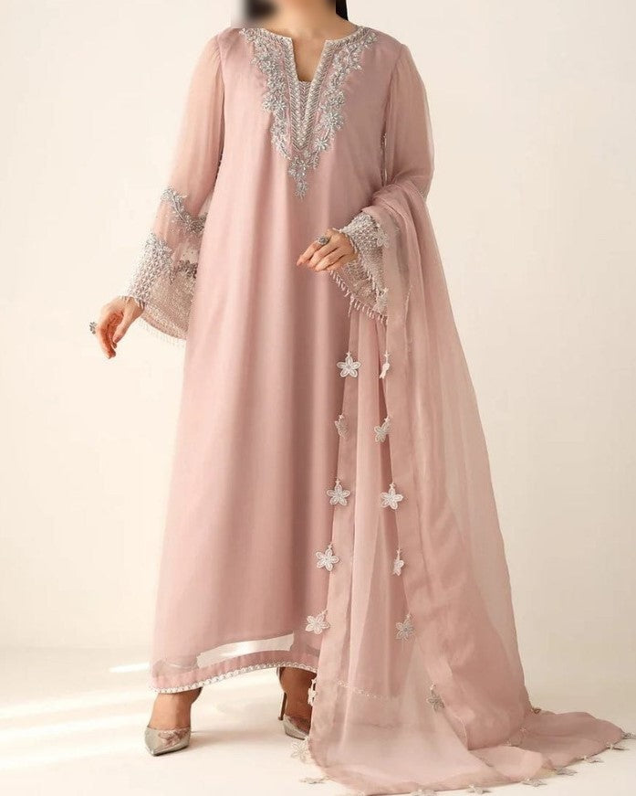 Women's luxury hand-embellished chiffon 3-piece festive suit with adda work, embroidered dupatta, and malai trouser – Premium Collection 2025