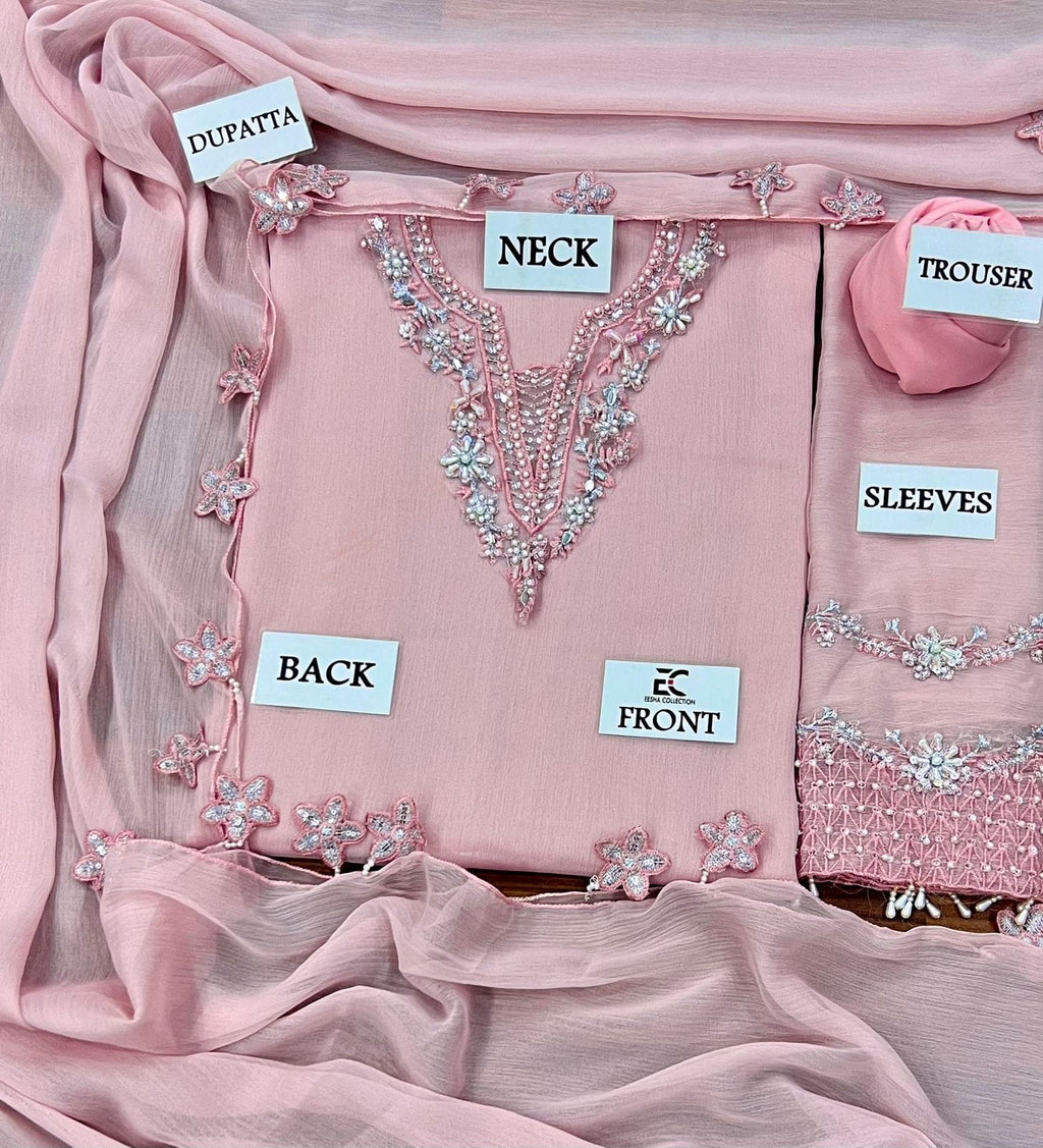 Women's luxury hand-embellished chiffon 3-piece festive suit with adda work, embroidered dupatta, and malai trouser – Premium Collection 2025