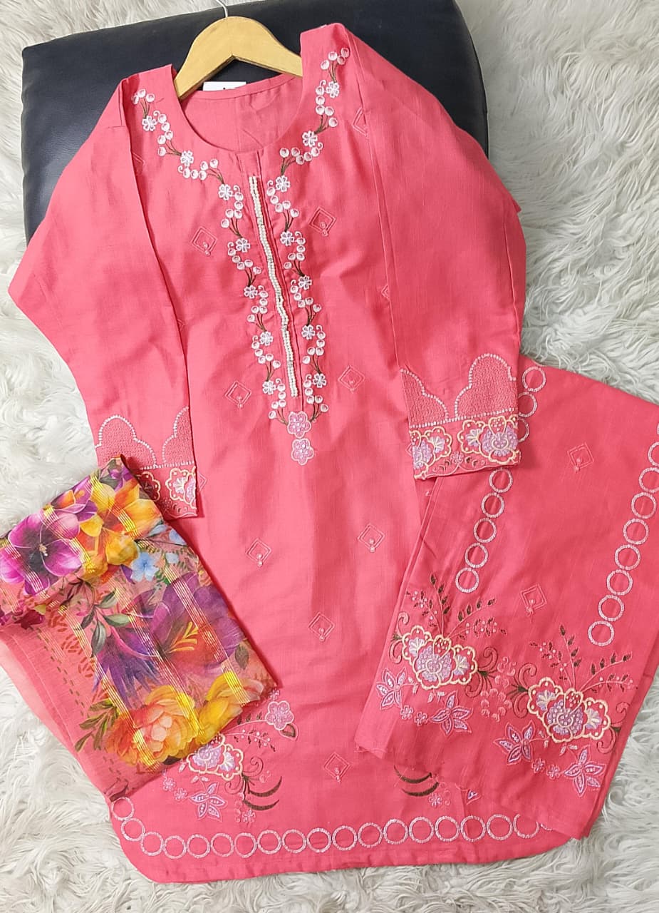 Stitched round border khaddar 3-piece embroidered winter suit with sequence work, embroidered plazo, and digital monar dupatta for women
