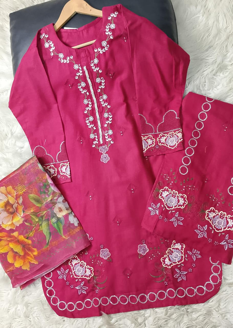 Stitched round border khaddar 3-piece embroidered winter suit with sequence work, embroidered plazo, and digital monar dupatta for women