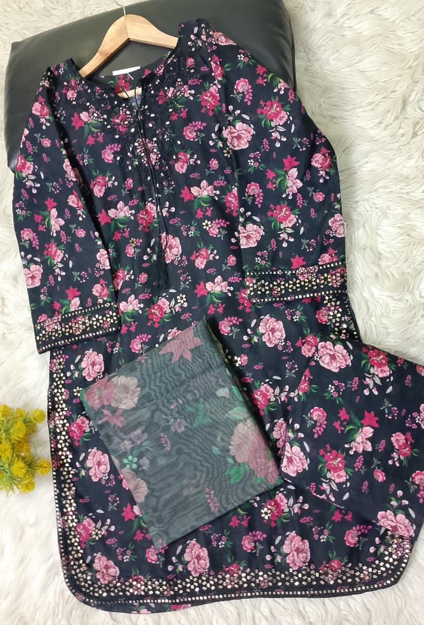 Khaddar printed and embroidered 3-piece stitched winter suit with monar digital print dupatta and full-size trouser – women’s winter collection