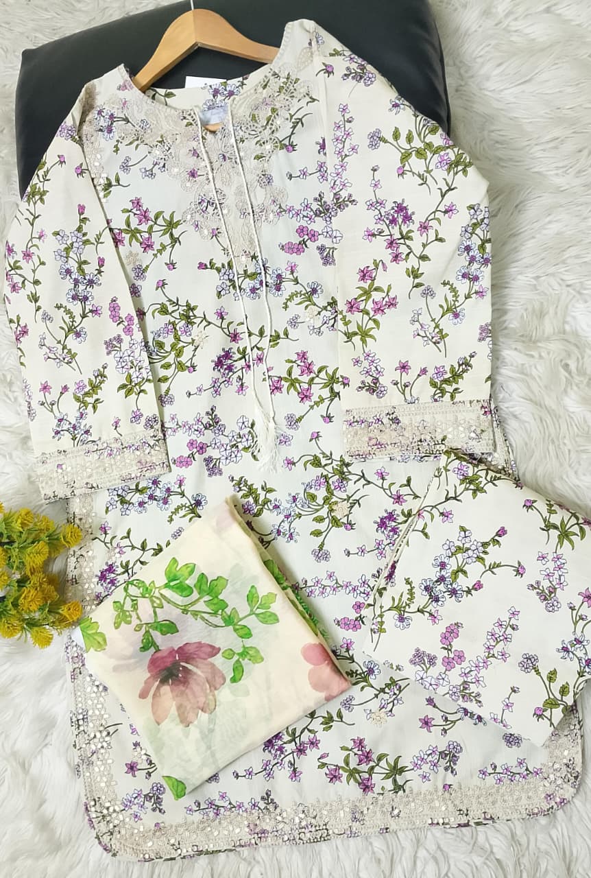 Khaddar printed and embroidered 3-piece stitched winter suit with monar digital print dupatta and full-size trouser – women’s winter collection