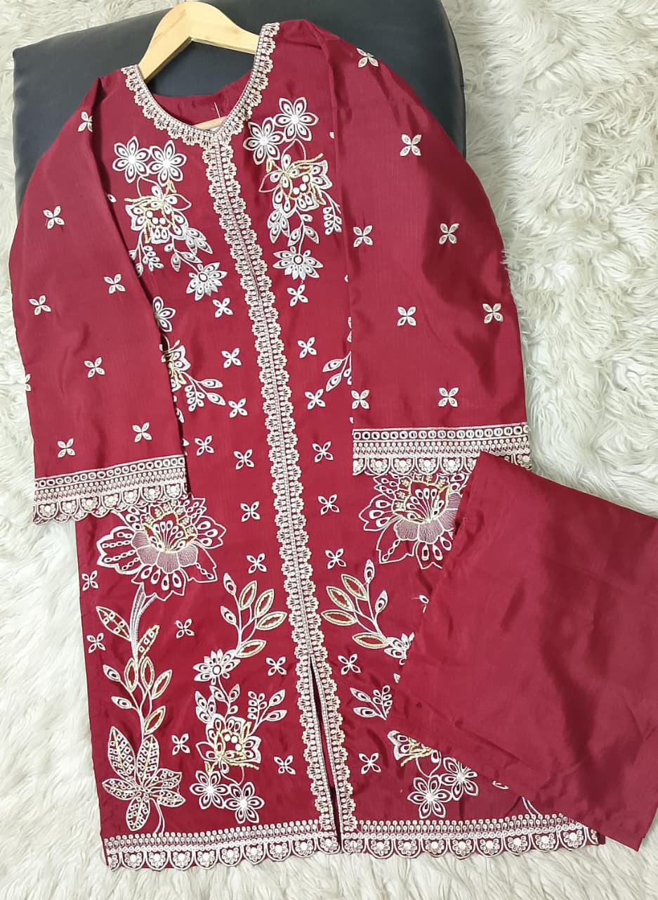 Women’s winter viscose 2pc embroidered suit with front open shirt and plain plazo in medium and large sizes