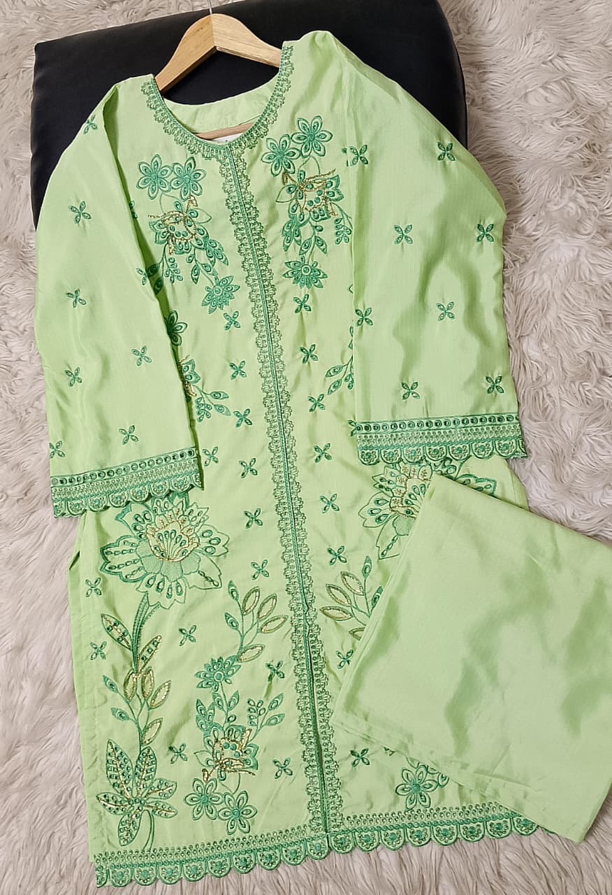 Women’s winter viscose 2pc embroidered suit with front open shirt and plain plazo in medium and large sizes