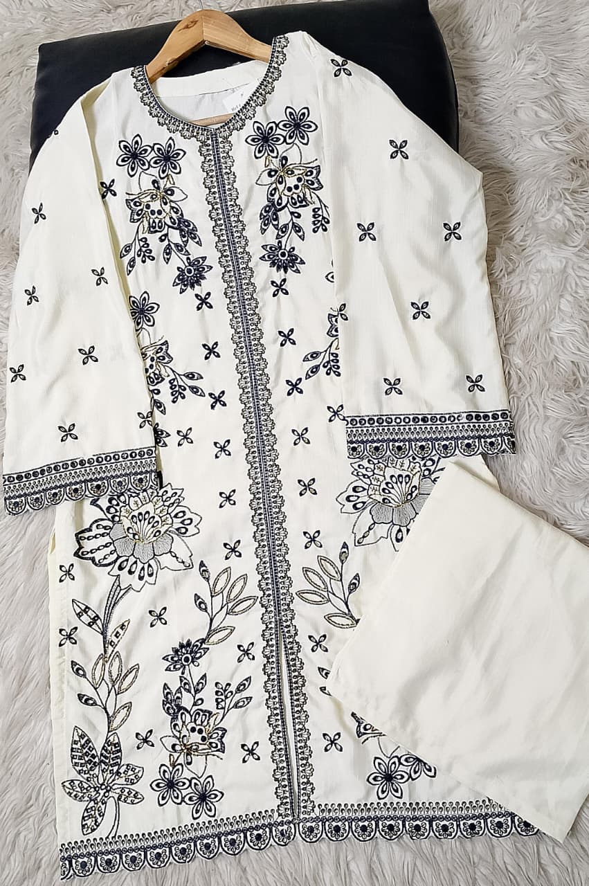 Women’s winter viscose 2pc embroidered suit with front open shirt and plain plazo in medium and large sizes