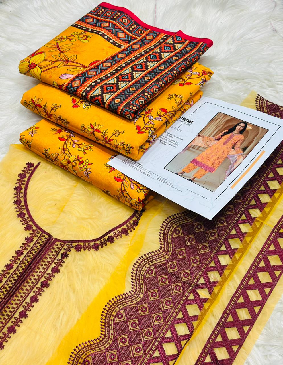 Unstitched printed khaddar embroidered 3-piece winter suit fabric set