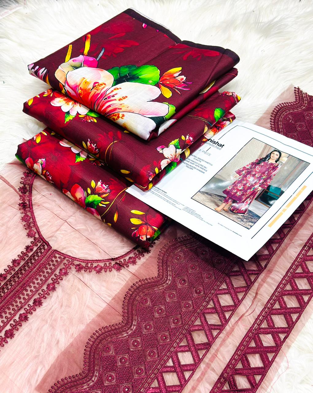 Unstitched printed khaddar embroidered 3-piece winter suit fabric set